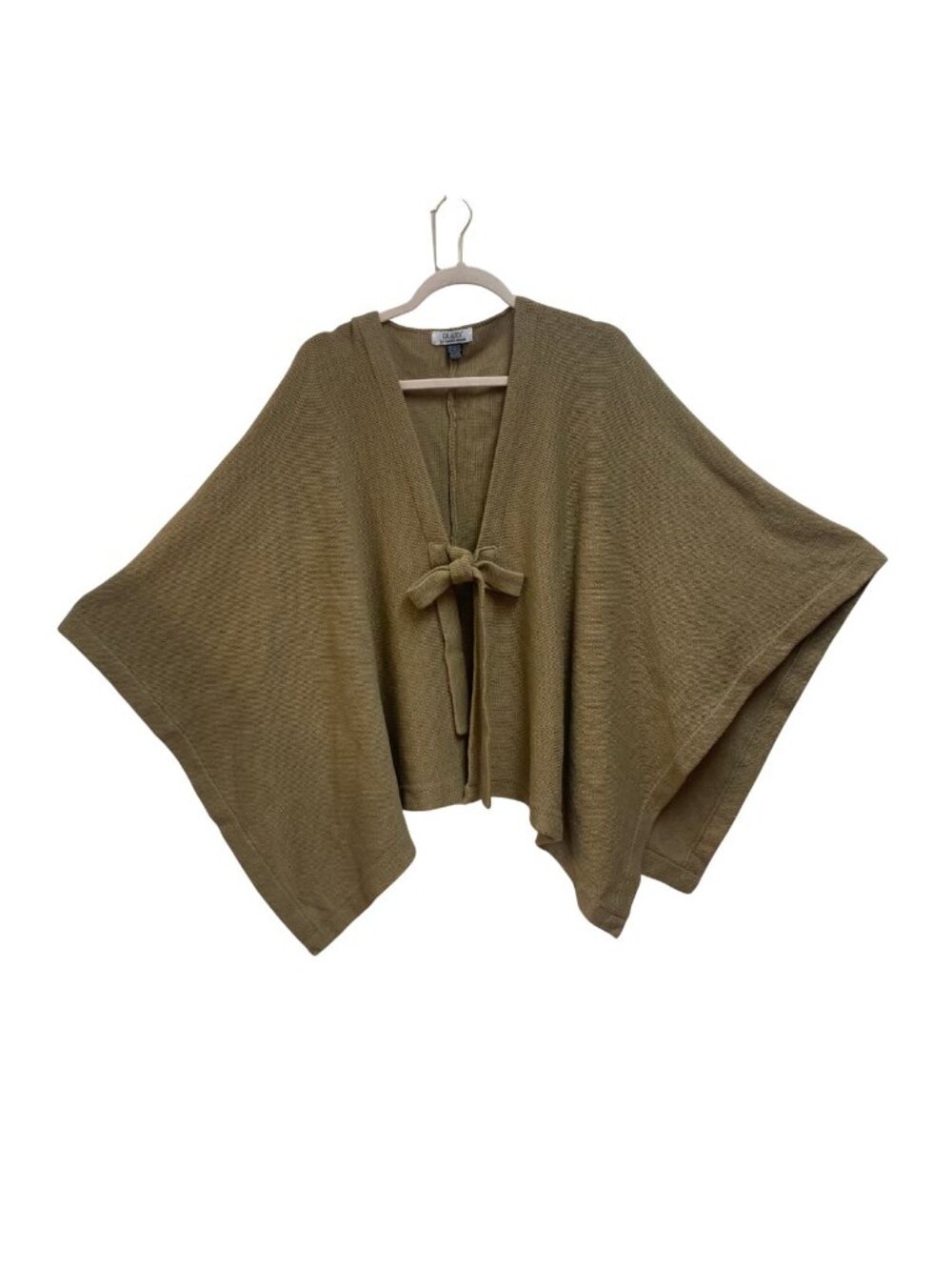 Tan Knitted Batwing Shawl with Woven Bow Closure One Size